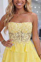 Load image into Gallery viewer, Yellow Floral A-Line Short Ruffled Cocktail Dress with Lace