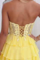 Load image into Gallery viewer, Yellow Floral A-Line Short Ruffled Cocktail Dress with Lace