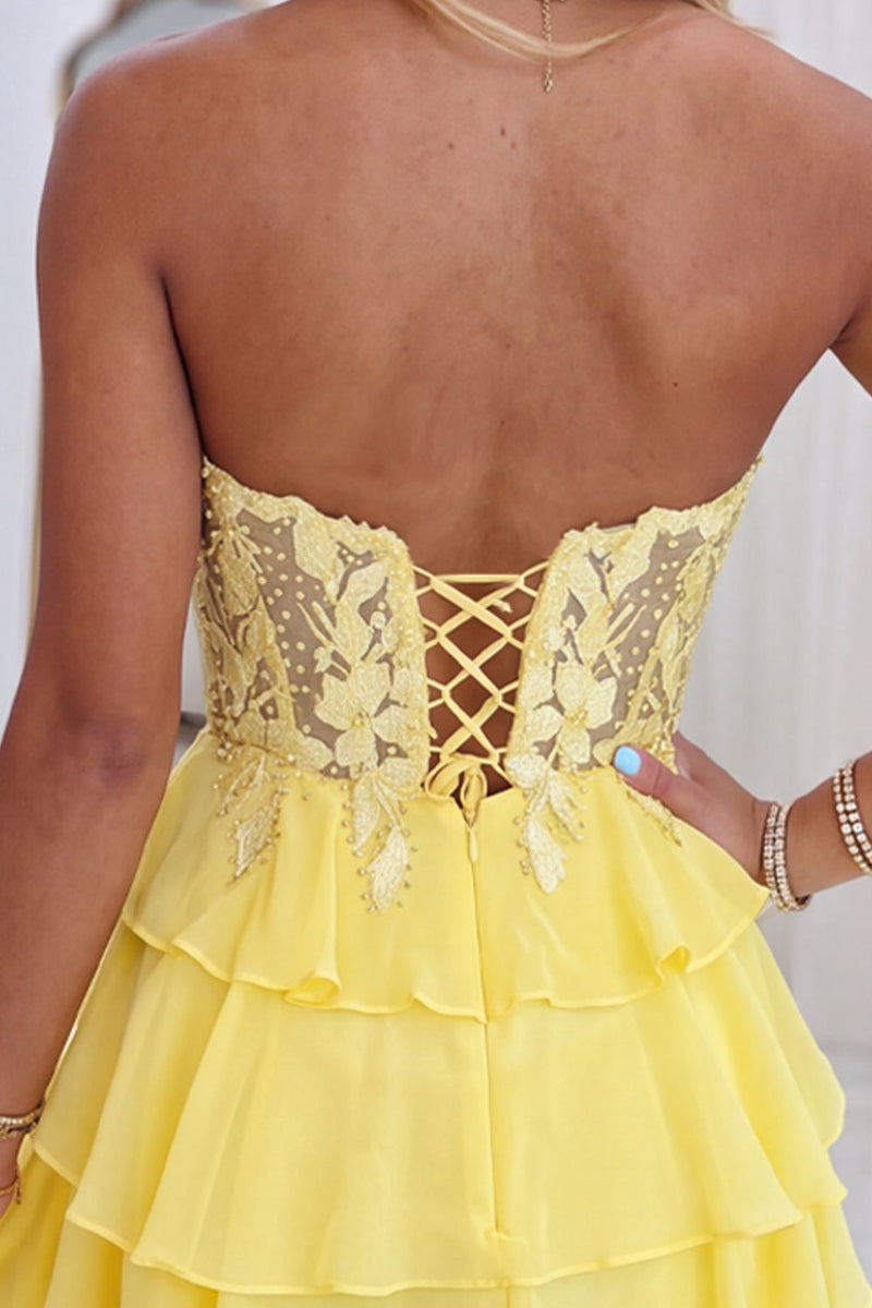 Load image into Gallery viewer, Yellow Floral A-Line Short Ruffled Cocktail Dress with Lace