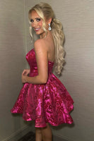 Load image into Gallery viewer, Fuchsia A Line Corset Jacquard Strapless Floral Short Cocktail Dress