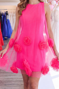 Fuchsia Tight Round Neck Short Cocktail Dress with 3D Flowers