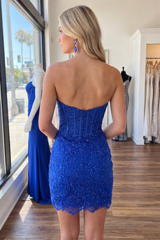 Royal Blue Strapless Corset Tight Short Lace Cocktail Dress