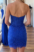 Load image into Gallery viewer, Royal Blue Strapless Corset Tight Short Lace Cocktail Dress