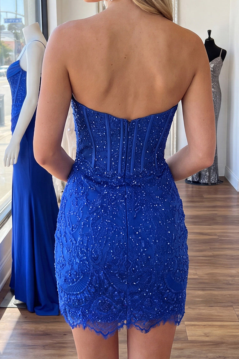 Load image into Gallery viewer, Royal Blue Strapless Corset Tight Short Lace Cocktail Dress