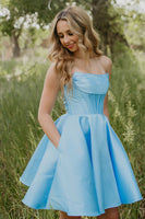 Load image into Gallery viewer, Light Blue Satin Strapless Corset A Line Short Cocktail Dress with Pockets