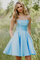Load image into Gallery viewer, Light Blue Satin Strapless Corset A Line Short Cocktail Dress with Pockets