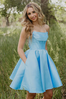 Load image into Gallery viewer, Light Blue Satin Strapless Corset A Line Short Cocktail Dress with Pockets