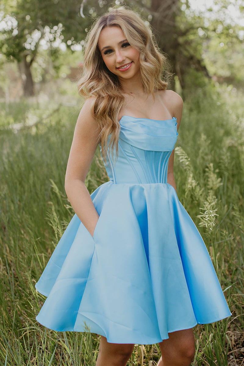 Load image into Gallery viewer, Light Blue Satin Strapless Corset A Line Short Cocktail Dress with Pockets