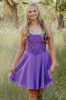 Load image into Gallery viewer, Purple Appliqued Strapless Corset A Line Short Cocktail Dress
