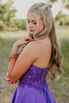 Purple Appliqued Strapless Corset A Line Short Cocktail Dress