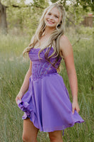 Load image into Gallery viewer, Purple Appliqued Strapless Corset A Line Short Cocktail Dress