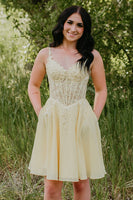 Load image into Gallery viewer, Yellow Spaghetti Straps A Line Corset Short Cocktail Dress with Pockets
