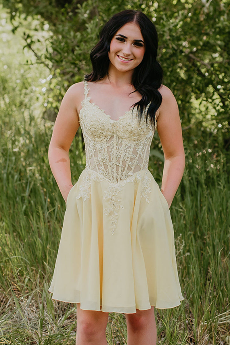 Load image into Gallery viewer, Yellow Spaghetti Straps A Line Corset Short Cocktail Dress with Pockets