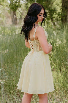 Yellow Spaghetti Straps A Line Corset Short Cocktail Dress with Pockets