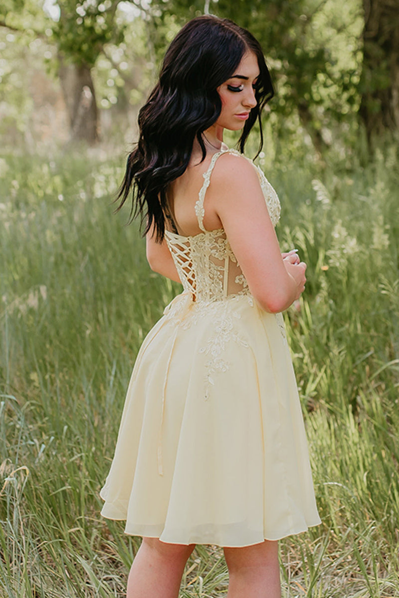 Load image into Gallery viewer, Yellow Spaghetti Straps A Line Corset Short Cocktail Dress with Pockets