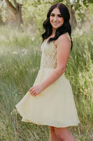Load image into Gallery viewer, Yellow Spaghetti Straps A Line Corset Short Cocktail Dress with Pockets