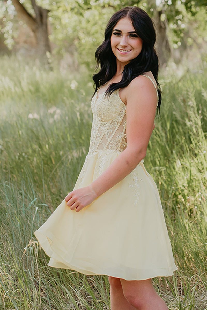 Load image into Gallery viewer, Yellow Spaghetti Straps A Line Corset Short Cocktail Dress with Pockets