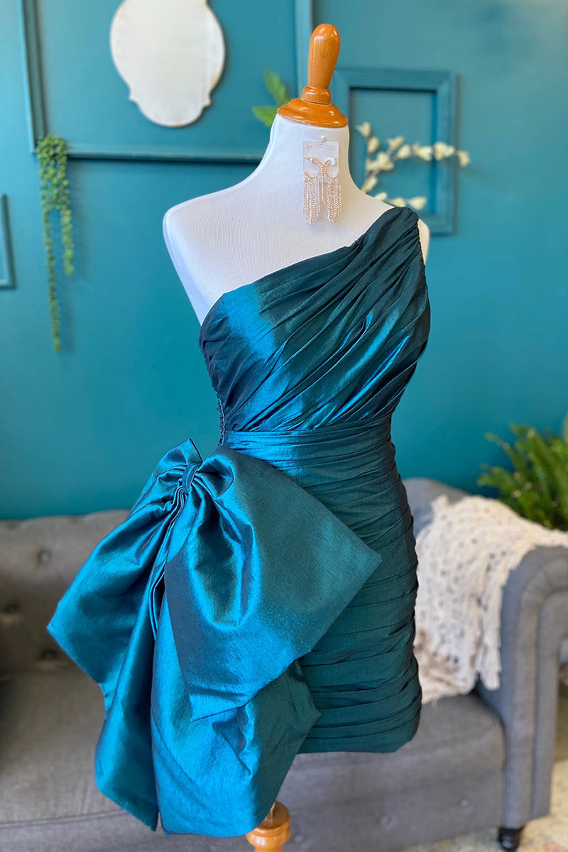 Load image into Gallery viewer, Peacock Blue One Shoulder Tight Ruched Short Cocktail Dress with Bow