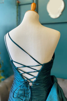 Peacock Blue One Shoulder Tight Ruched Short Cocktail Dress with Bow