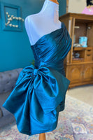 Load image into Gallery viewer, Peacock Blue One Shoulder Tight Ruched Short Cocktail Dress with Bow
