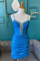 Load image into Gallery viewer, Sparkly Royal Blue Ruched Corset Spaghetti Straps Short Cocktail Dress