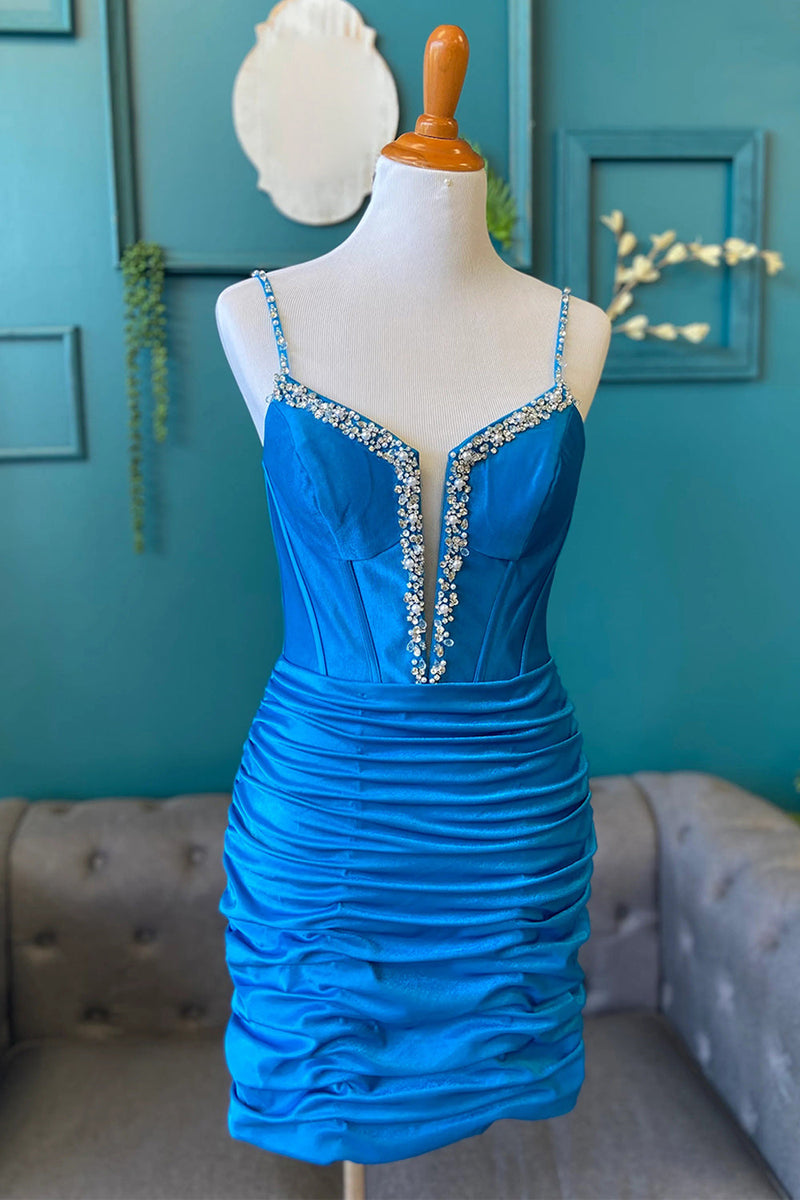 Load image into Gallery viewer, Sparkly Royal Blue Ruched Corset Spaghetti Straps Short Cocktail Dress