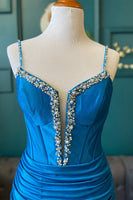 Load image into Gallery viewer, Sparkly Royal Blue Ruched Corset Spaghetti Straps Short Cocktail Dress