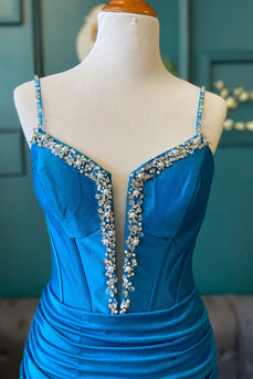 Sparkly Royal Blue Ruched Corset Spaghetti Straps Short Cocktail Dress