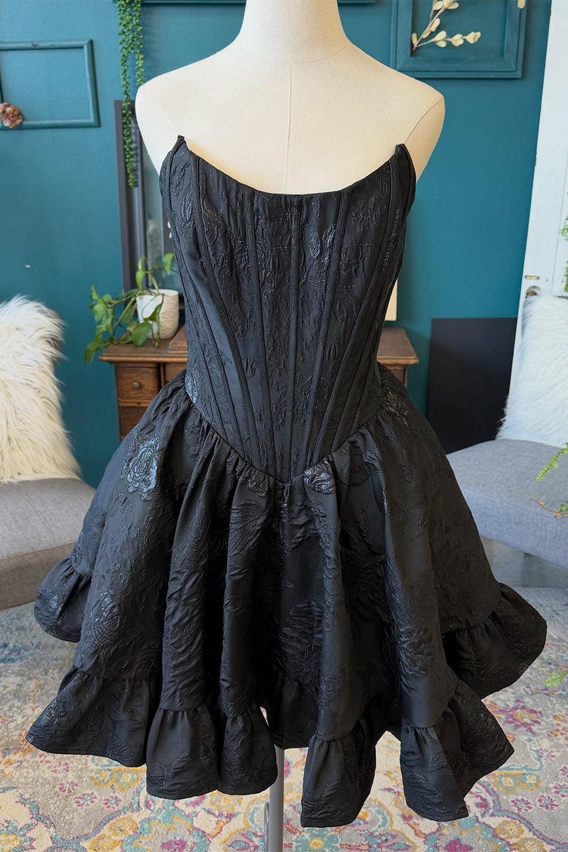 Load image into Gallery viewer, Blue Floral A Line Jacquard Strapless Corset Short Cocktail Dress