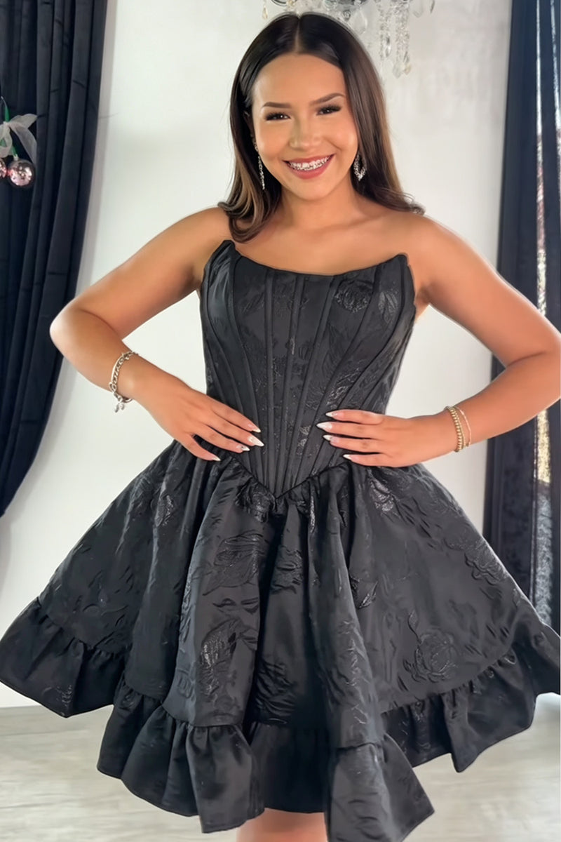 Load image into Gallery viewer, Blue Floral A Line Jacquard Strapless Corset Short Cocktail Dress
