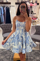 Load image into Gallery viewer, Blue Floral A Line Jacquard Strapless Corset Short Cocktail Dress