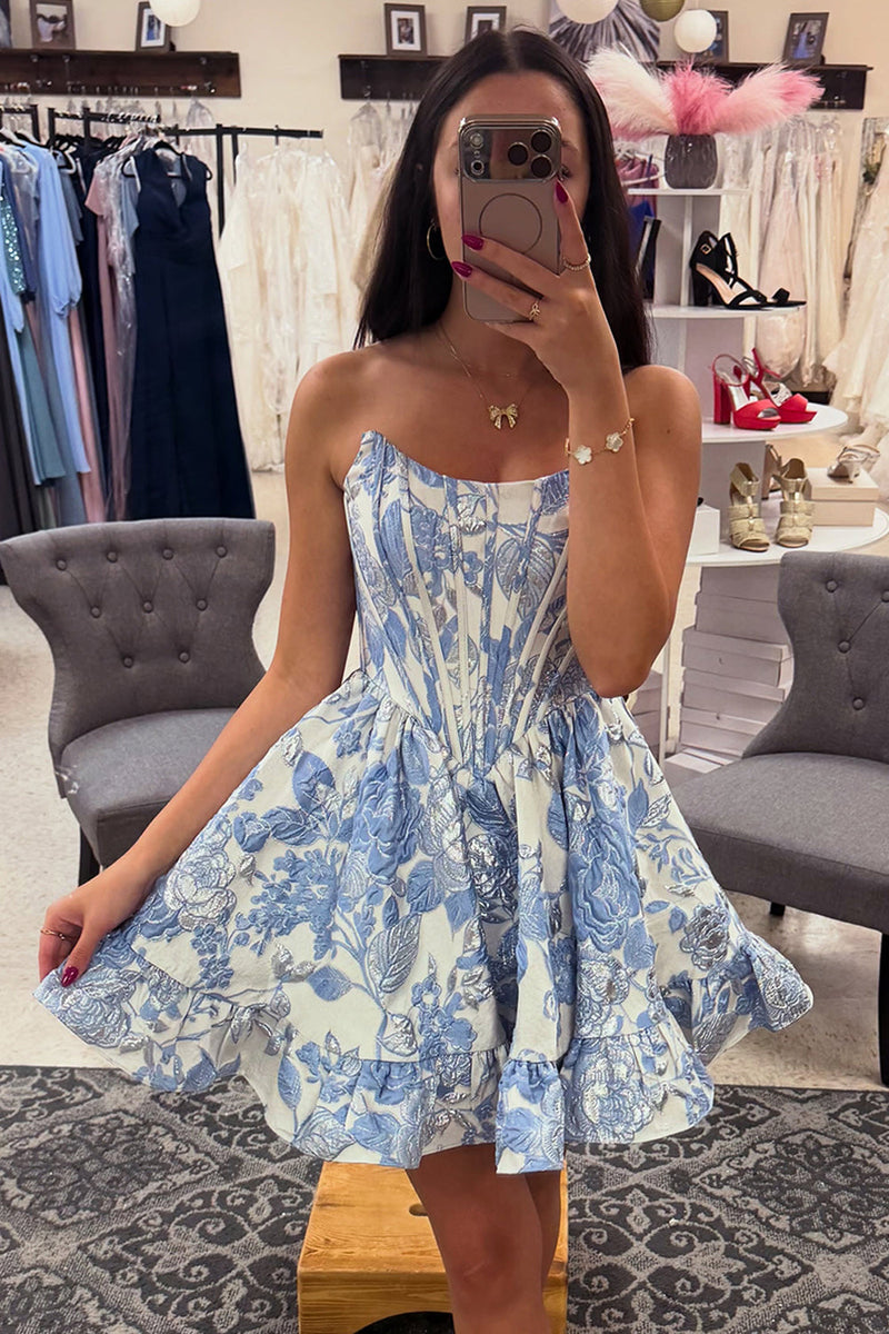 Load image into Gallery viewer, Blue Floral A Line Jacquard Strapless Corset Short Cocktail Dress