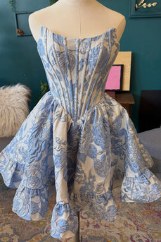 Blue Floral A Line Jacquard Strapless Corset Short Cocktail Dress