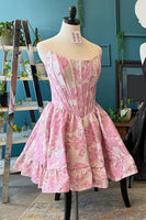 Load image into Gallery viewer, Blue Floral A Line Jacquard Strapless Corset Short Cocktail Dress