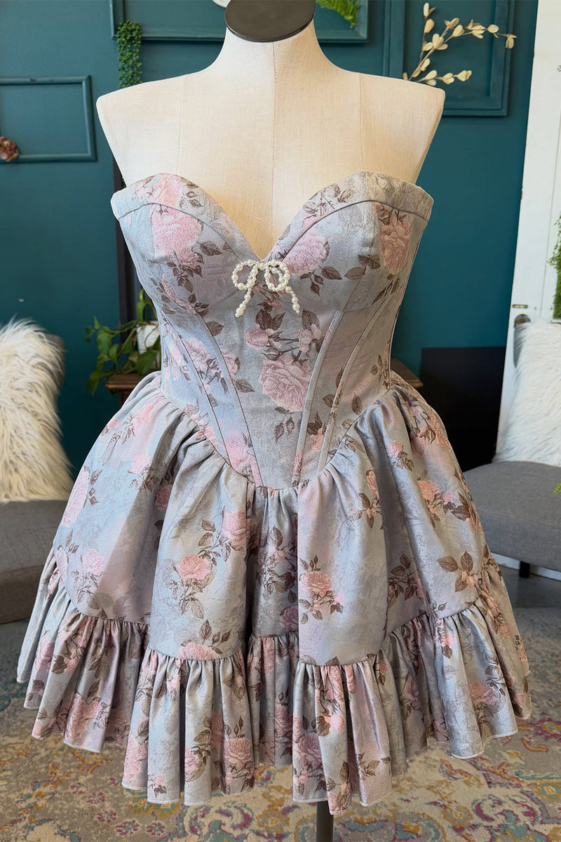 Load image into Gallery viewer, Floral Grey A Line Corset Sweetheart Short Cocktail Dress with Bow