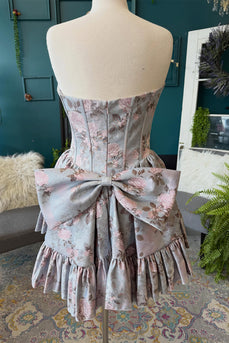Floral Grey A Line Corset Sweetheart Short Cocktail Dress with Bow