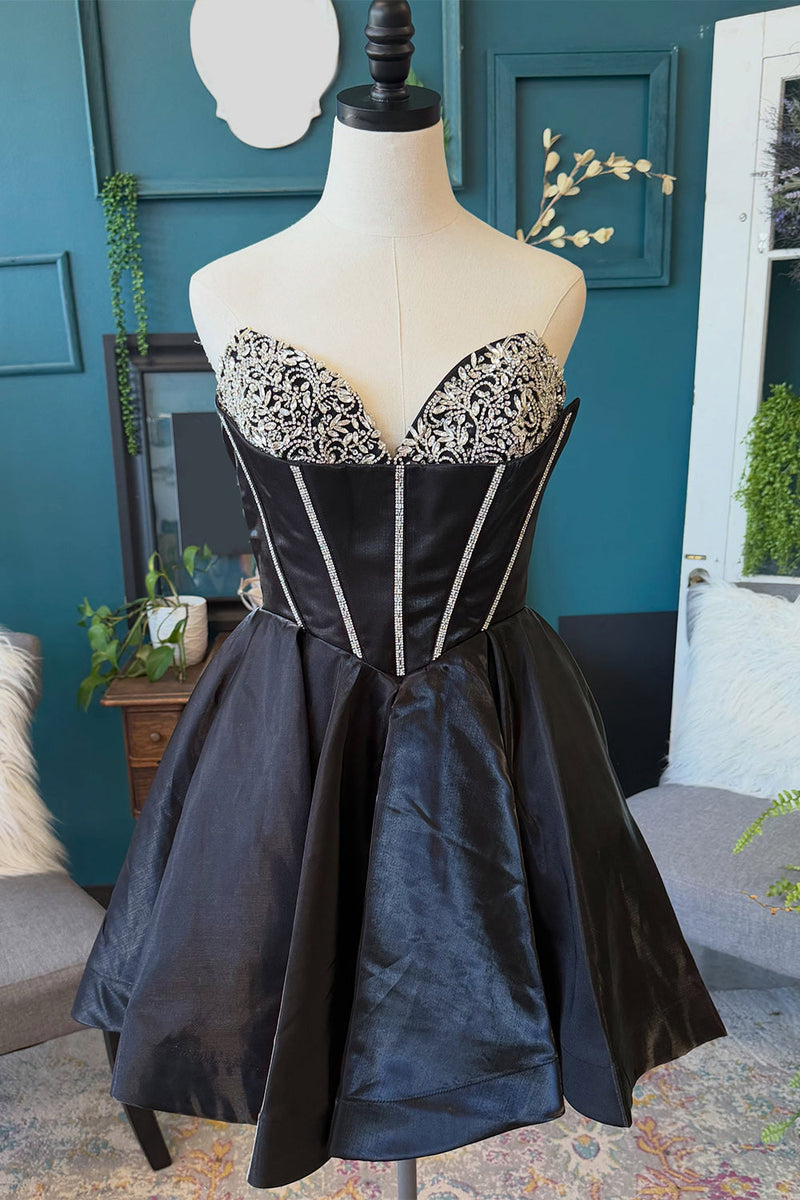 Load image into Gallery viewer, Sparkly Black Sweetheart Corset A Line Short Cocktail  Dress with Rhinestones