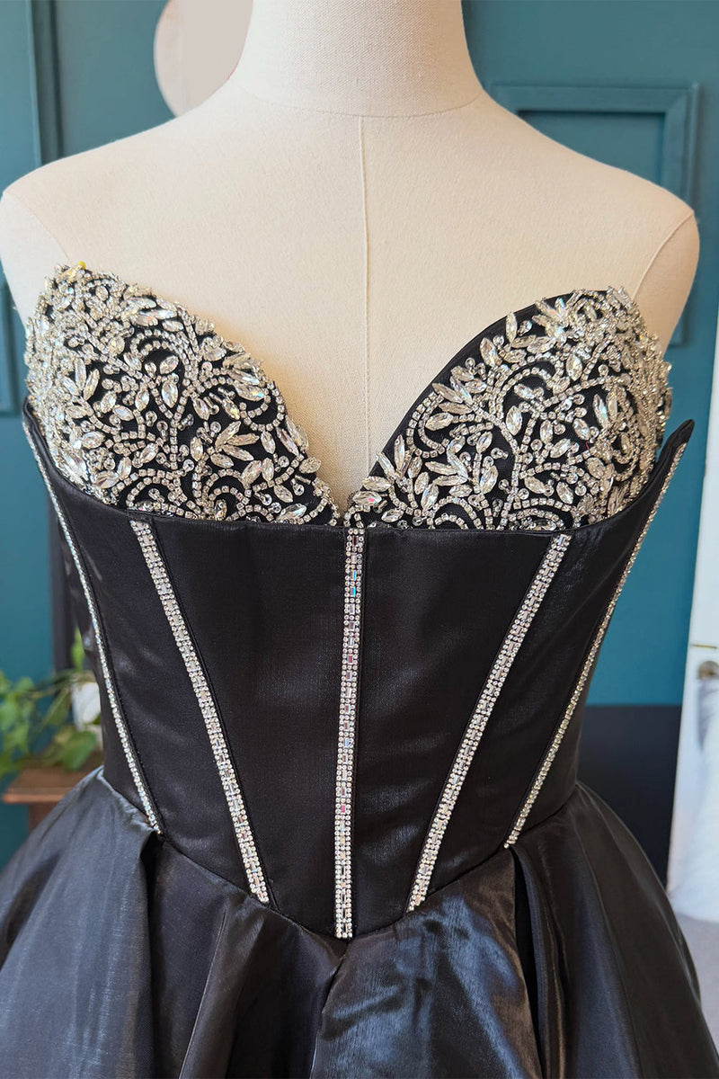 Load image into Gallery viewer, Sparkly Black Sweetheart Corset A Line Short Cocktail  Dress with Rhinestones
