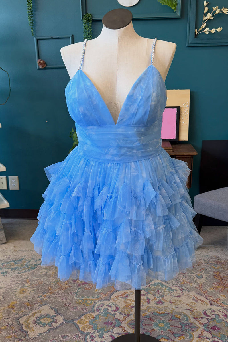 Load image into Gallery viewer, Blue A-Line Ruched Spaghetti Straps Ruffled Short Cocktail Dress