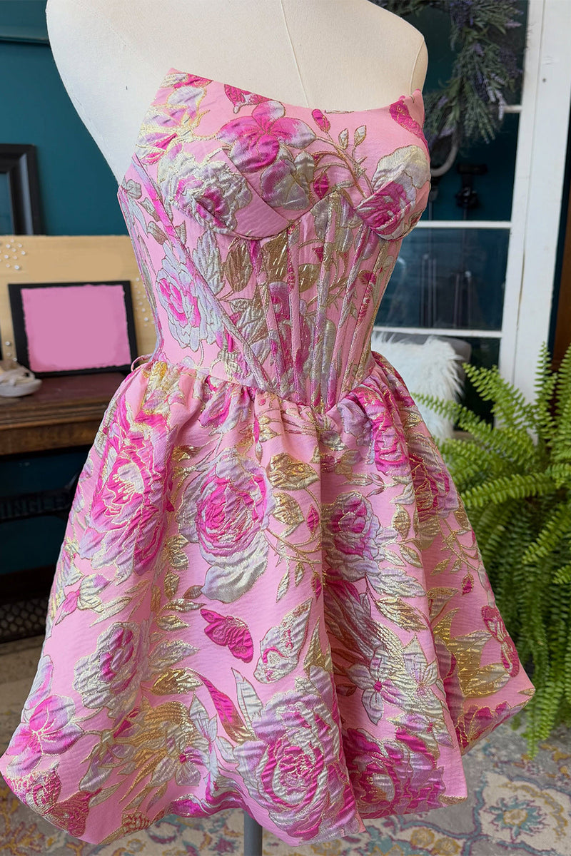 Load image into Gallery viewer, Floral Blush A-Line Corset Strapless Short Cocktail Dress