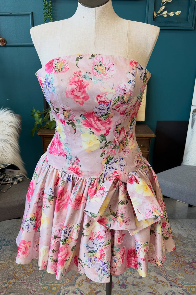 Load image into Gallery viewer, Floral Pink A-Line Strapless Short Cocktail Dress with Bow
