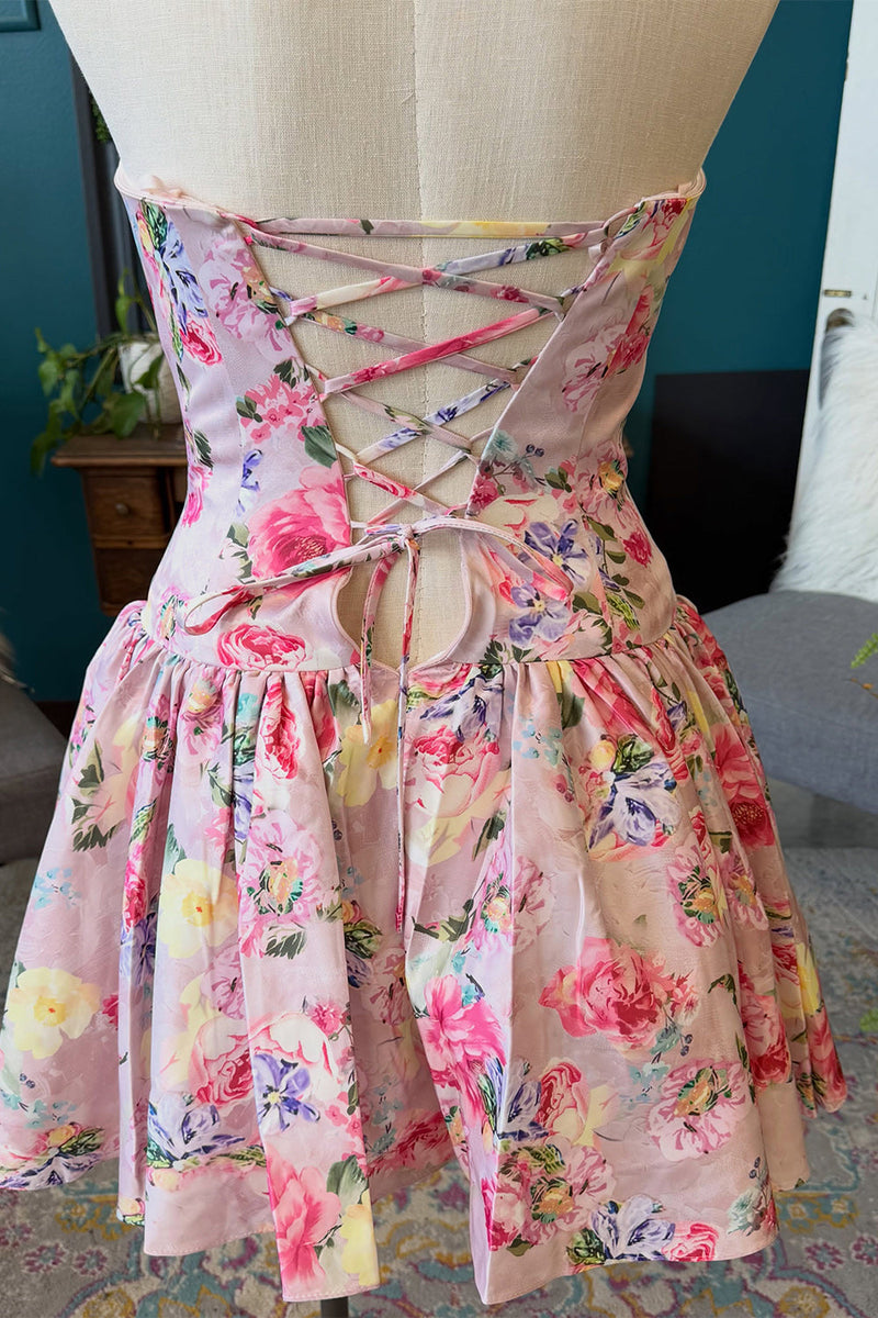 Load image into Gallery viewer, Floral Pink A-Line Strapless Short Cocktail Dress with Bow