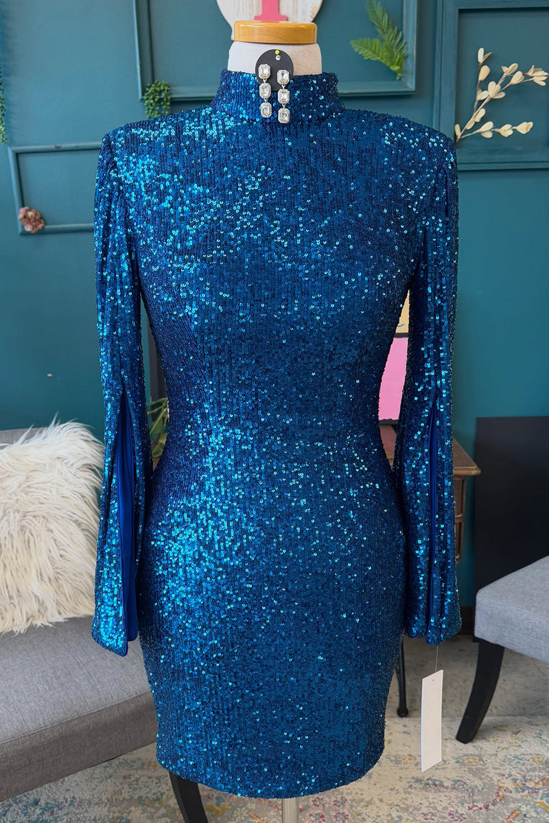 Load image into Gallery viewer, Blue Sequins Tight High Neck Short Cocktail Dress with Sleeves