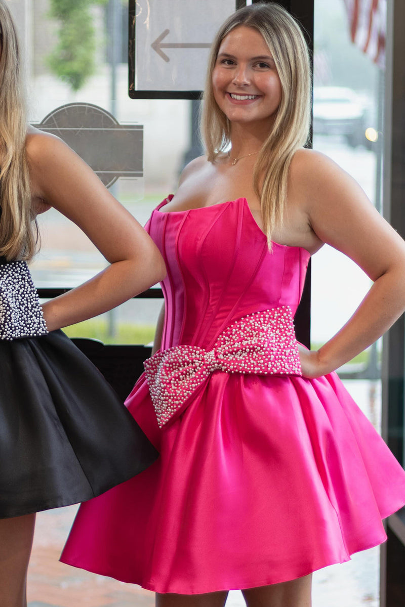 Load image into Gallery viewer, Sparkly Black Strapless Corset A Line Short Cocktail Dress with Bow
