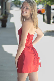 Red Corset Strapless Appliqued Tight Short Cocktail Dress