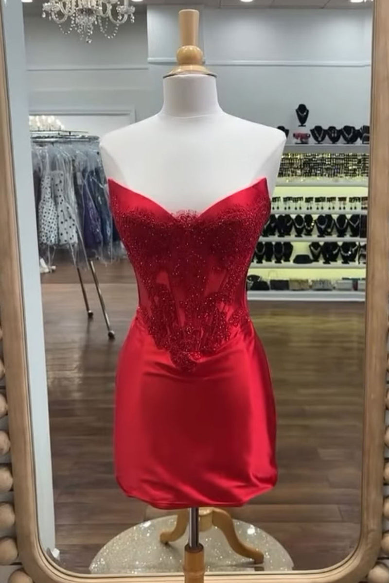 Load image into Gallery viewer, Red Corset Strapless Appliqued Tight Short Cocktail Dress