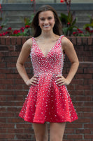 Load image into Gallery viewer, Sparkly Red V-Neck A-Line Short Cocktail Dress with Pearls