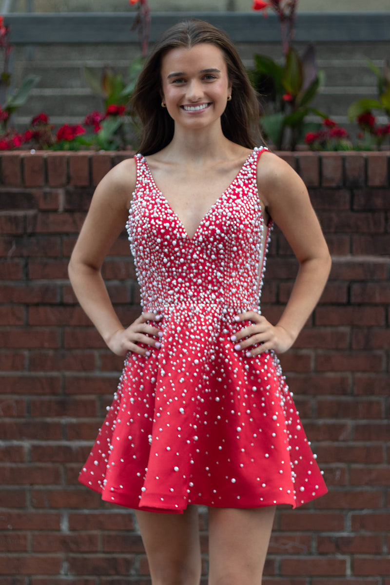 Load image into Gallery viewer, Sparkly Red V-Neck A-Line Short Cocktail Dress with Pearls