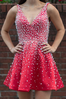 Sparkly Red V-Neck A-Line Short Cocktail Dress with Pearls