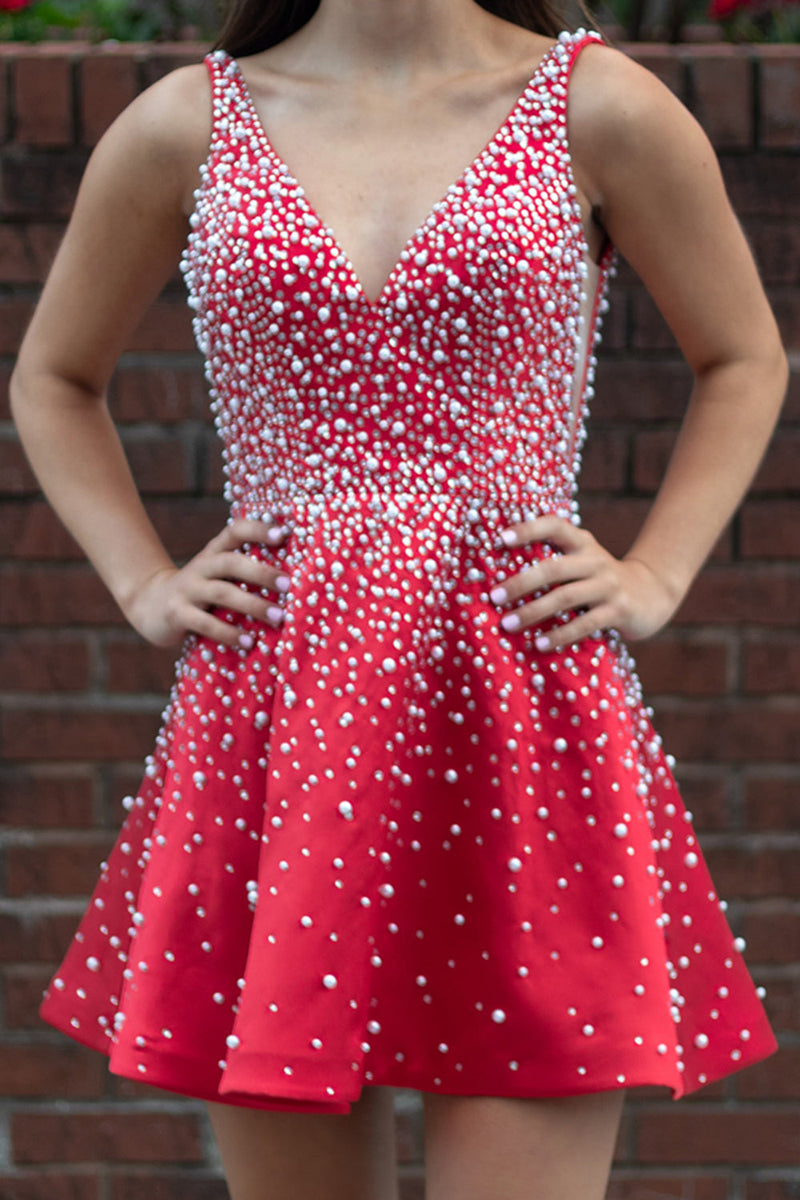Load image into Gallery viewer, Sparkly Red V-Neck A-Line Short Cocktail Dress with Pearls